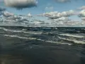 Fale rozbijają się o brzeg, mewy szybują nad wzburzonym morzem. W oddali widać molo i budynki. Aktualny stan morza jest dynamiczny.