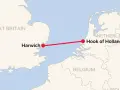 Mapa pokazuje trasę promową z Harwich w Wielkiej Brytanii do Hook of Holland w Holandii.