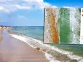 Plaża pełna ludzi, fale rozbijają się o brzeg. Czy Morze Czarne jest czyste? Woda wygląda na zieloną i przejrzystą.