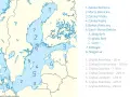 Mapa przedstawiająca zatoki Morza Bałtyckiego, z zaznaczonymi numerami i nazwami akwenów, np. Zatoka Botnicka.