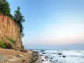 Piękna linia brzegowa Bałtyku w Polsce z klifem porośniętym drzewami i piaszczystą plażą.