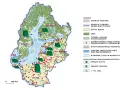 Mapa zlewiska Morza Bałtyckiego: pokazano granice państw, użytki rolne, lasy, źródła zanieczyszczeń, przemysł i stan wód.