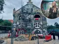 Kopenhaga nietypowe miejsca: zrujnowany budynek z graffiti i rusztowaniami, w tle kobieta robiąca selfie.