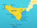 Mapa pokazuje trasy promowe między Maltą a Sycylią, z zaznaczonymi miastami jak Palermo, Katania i La Valletta.
