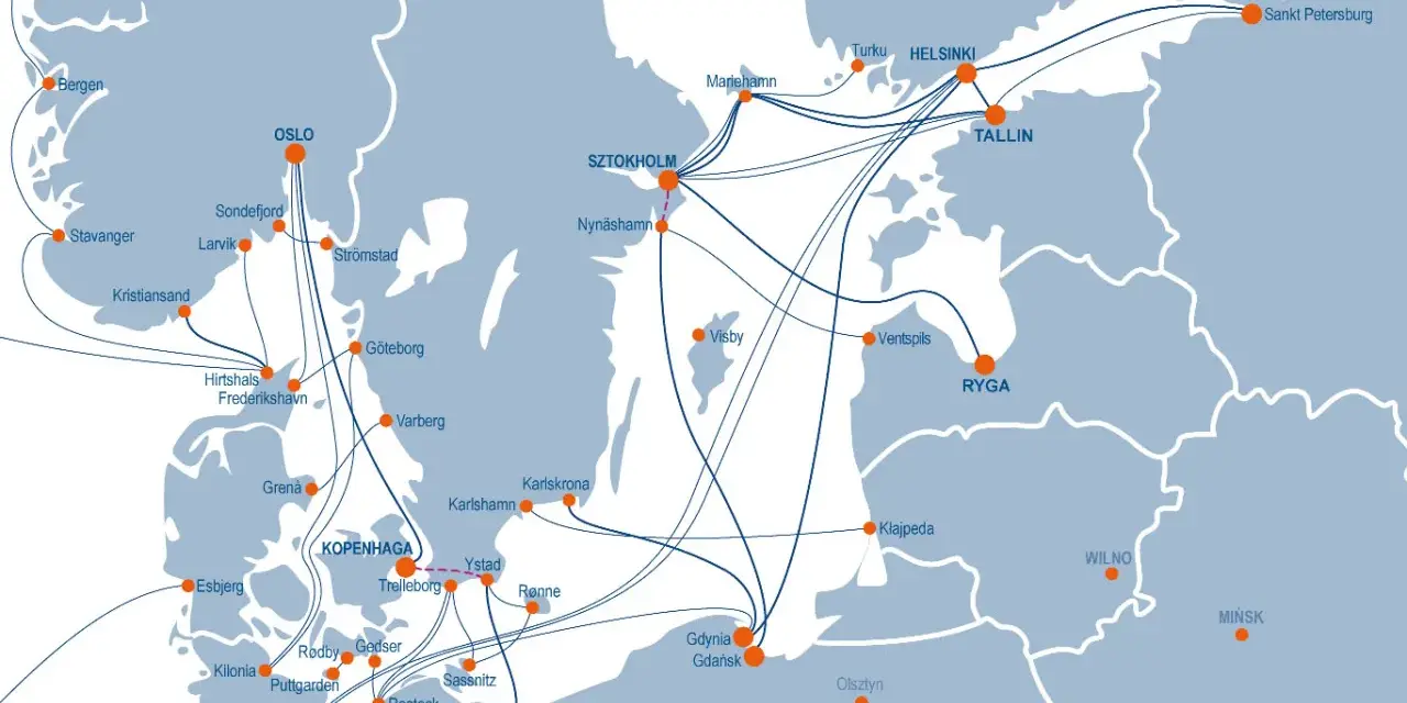 Mapa pokazuje trasy promowe z Polski do Skandynawii. Gdzie szukać połączeń promowych dla transportu ciężarowego z polski do skandynawii? Sprawdź porty jak Gdynia, Gdańsk, Świnoujście.