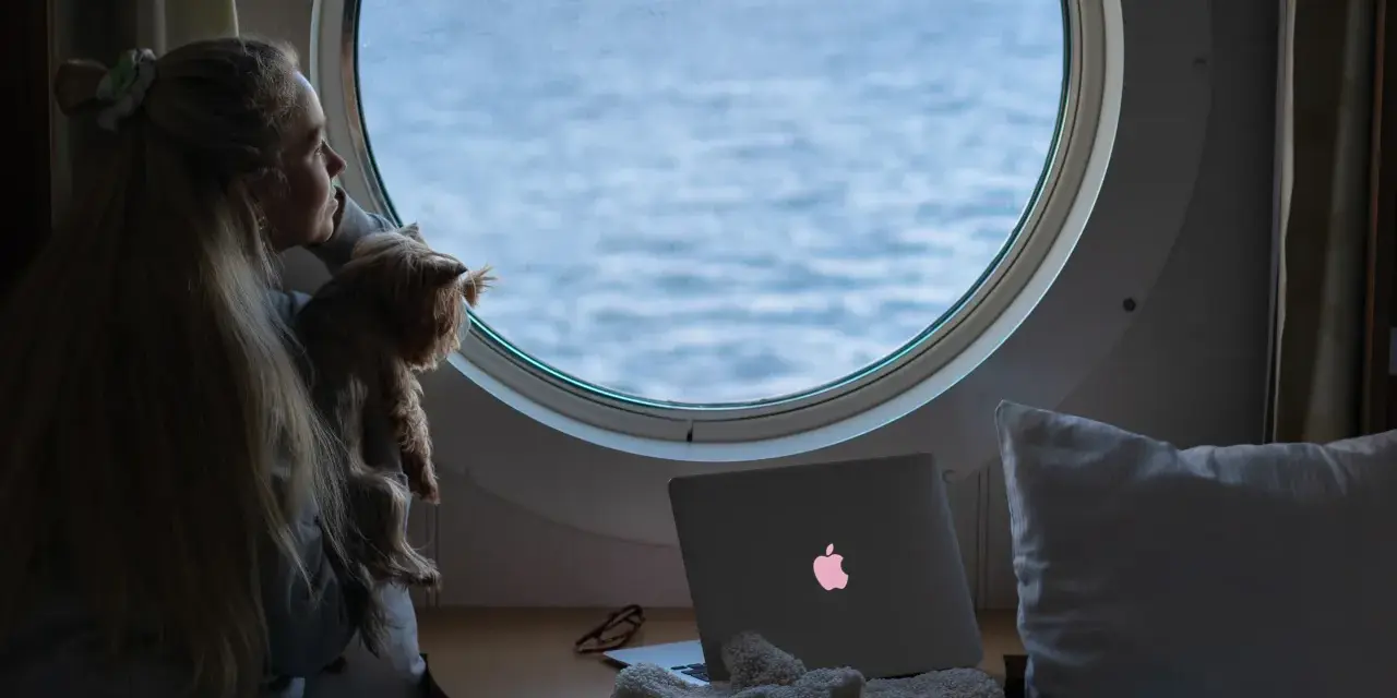 Dziewczyna z psem patrzy przez okrągłe okno na morze. Obok leży laptop z podświetlonym logo, jak prom nova star.