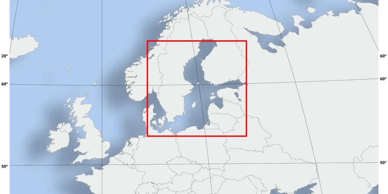 Mapa Europy Północnej z zaznaczonym Bałtykiem. Pokazuje, ile wody jest w Bałtyku, otoczonym przez kraje skandynawskie i bałtyckie.