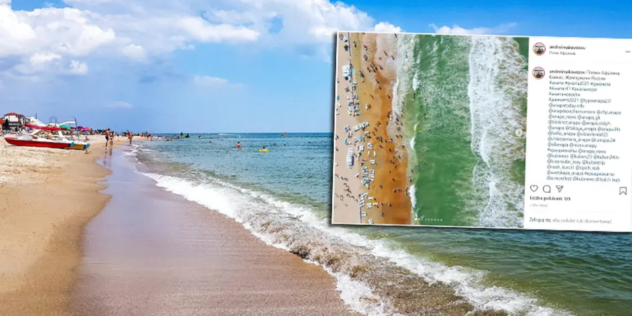 Plaża pełna ludzi, fale rozbijają się o brzeg. Czy Morze Czarne jest czyste? Woda wygląda na zieloną i przejrzystą.