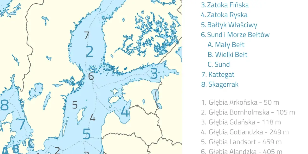 Mapa przedstawiająca zatoki Morza Bałtyckiego, z zaznaczonymi numerami i nazwami akwenów, np. Zatoka Botnicka.