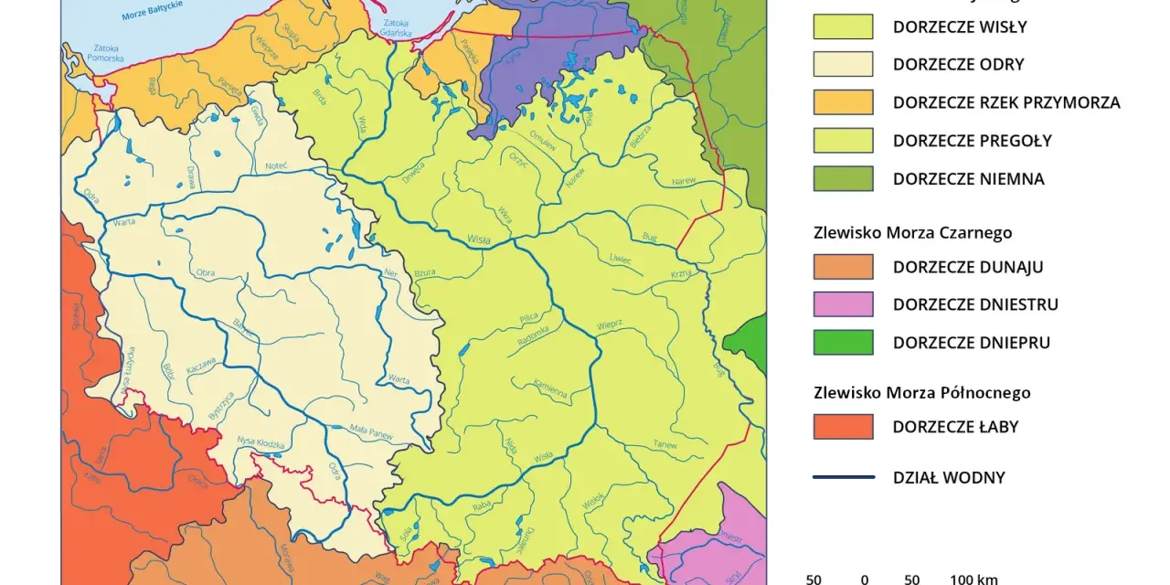 Mapa Polski z zaznaczonymi dorzeczami Wisły, Odry i rzek przymorza, z legendą.