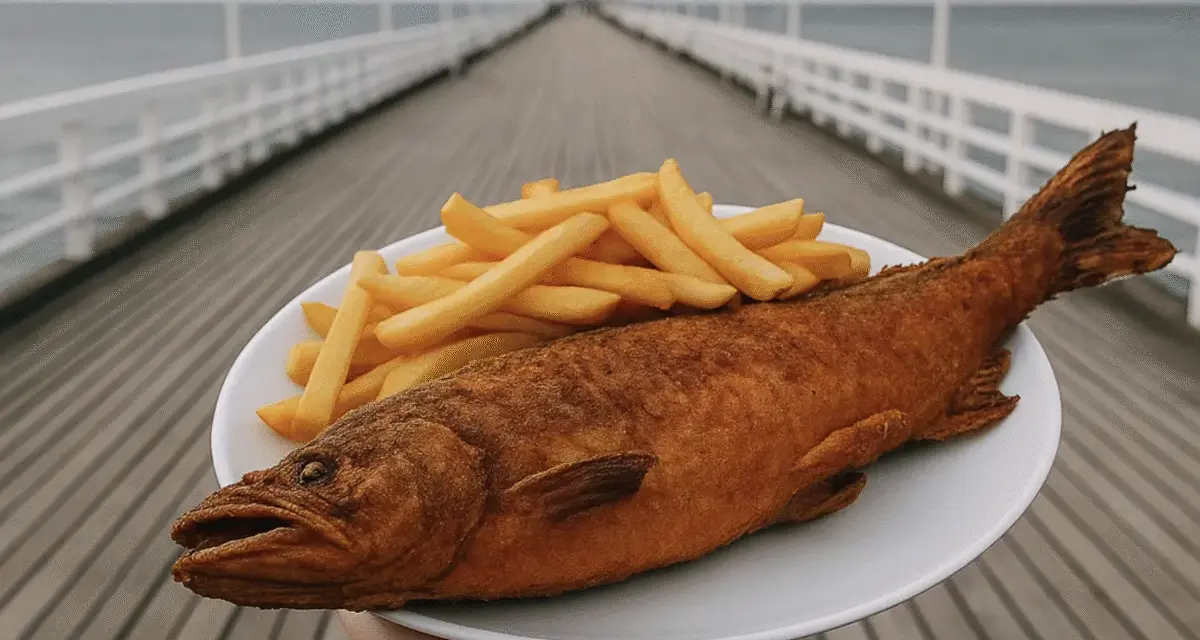 Talerz z smażoną rybą i frytkami na tle molo i morza.