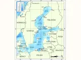 Mapa batymetryczna Morza Bałtyckiego i cieśnin. Pokazuje głębokości, kraje nadbałtyckie: Szwecję, Finlandię, Estonię, Łotwę, Litwę, Polskę, Niemcy, Danię i Norwegię.