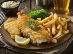 Jastrzębia Góra: gdzie zjeść? Pyszny fish and chips z frytkami i groszkiem na talerzu, idealny na wakacyjny obiad.