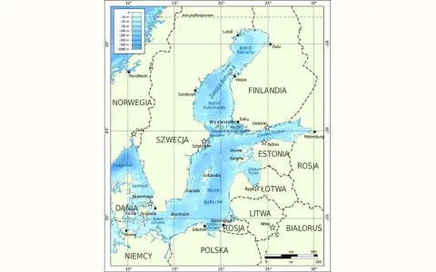 Mapa batymetryczna Morza Bałtyckiego i cieśnin. Pokazuje głębokości, kraje nadbałtyckie: Szwecję, Finlandię, Estonię, Łotwę, Litwę, Polskę, Niemcy, Danię i Norwegię.