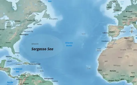 Mapa Atlantyku z zaznaczonym Morzem Sargassowym, między Ameryką Północną, Europą i Afryką.