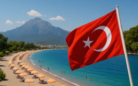 Flaga Turcji na tle plaży z leżakami i turkusowym morzem. W maju w Turcji jest ciepło, idealnie na wakacje.