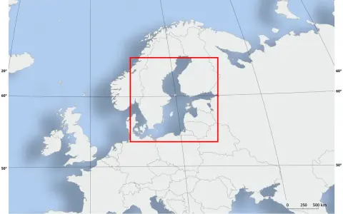 Mapa Europy Północnej z zaznaczonym Bałtykiem. Pokazuje, ile wody jest w Bałtyku, otoczonym przez kraje skandynawskie i bałtyckie.