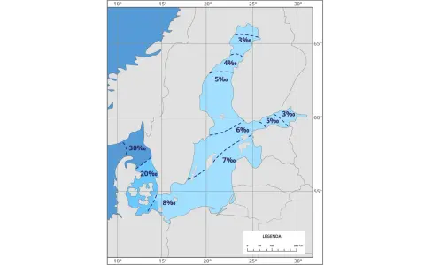 Mapa pokazuje, dlaczego Morze Bałtyckie jest słabo zasolone. Wody przybrzeżne mają niskie zasolenie, od 3‰ do 8‰, a w głębi morza dochodzi do 7‰.