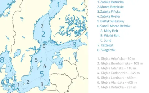 Mapa przedstawiająca zatoki Morza Bałtyckiego, z zaznaczonymi numerami i nazwami akwenów, np. Zatoka Botnicka.