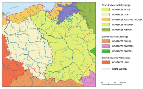 Mapa Polski z zaznaczonymi dorzeczami Wisły, Odry i rzek przymorza, z legendą.