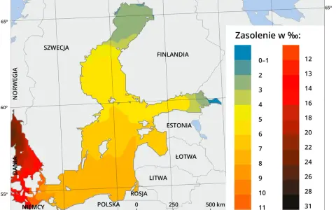 Mapa Bałtyku z kolorami wskazującymi zasolenie wody, od niskiego (niebieski) do wysokiego (czarny).