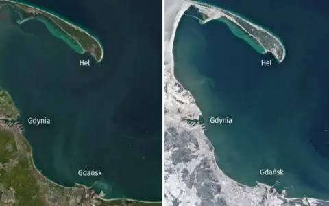 Porównanie zdjęć satelitarnych Zatoki Gdańskiej. Po lewej woda, po prawej widać, czy zatoka gdańska zamarza – pokryta lodem i śniegiem.