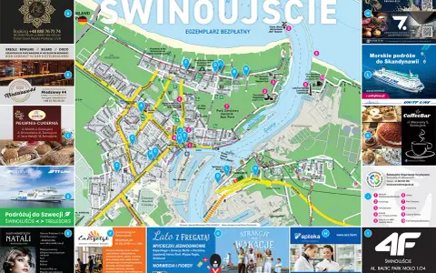 Mapa Świnoujścia z zaznaczonymi atrakcjami, hotelami, restauracjami i punktami usługowymi. Znajdziesz tu świnoujście atrakcje mapa.