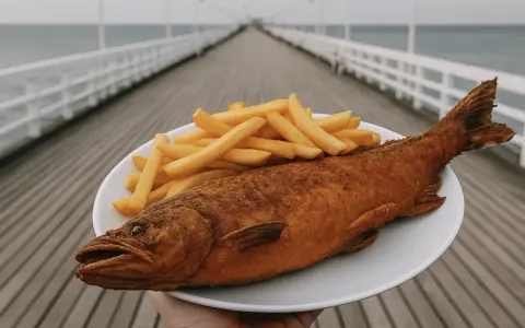 Talerz z smażoną rybą i frytkami na tle molo i morza.
