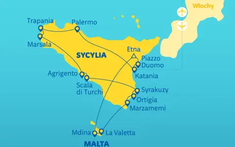 Mapa pokazuje trasy promowe między Maltą a Sycylią, z zaznaczonymi miastami jak Palermo, Katania i La Valletta.