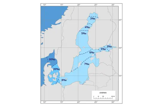 Mapa pokazuje zasolenie Bałtyku. Najwyższe jest przy cieśninach duńskich (30%), a najniższe na północy (3%).