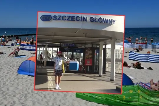 Plaża i morze, a w tle napis "Szczecin Główny". Czy Szczecin leży nad morzem? Zdjęcie sugeruje, że tak, bo plażowicze odpoczywają tuż obok dworca.