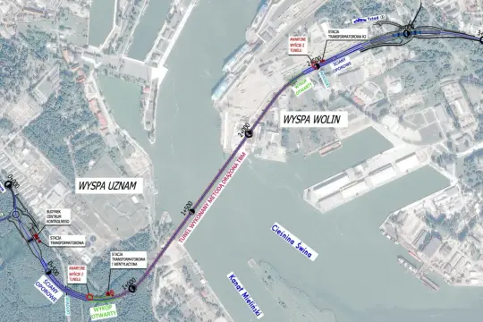 Mapa pokazuje tunel pod cieśniną, który jest kluczowy, by dowiedzieć się, jak dojechać do Świnoujścia promem.