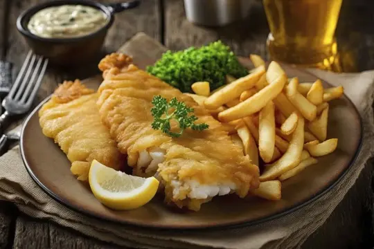 Jastrzębia Góra: gdzie zjeść? Pyszny fish and chips z frytkami i groszkiem na talerzu, idealny na wakacyjny obiad.
