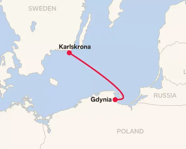 Trasa promu z Gdyni do Karlskrony na mapie. Sprawdź, ile płynie prom z Gdyni do Karlskrony.