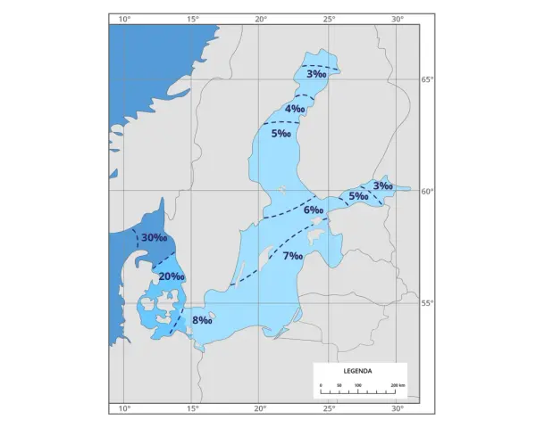 Mapa pokazuje, dlaczego Morze Bałtyckie jest słabo zasolone. Wody przybrzeżne mają niskie zasolenie, od 3‰ do 8‰, a w głębi morza dochodzi do 7‰.