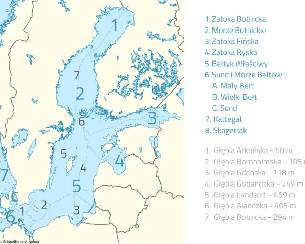 Mapa przedstawiająca zatoki Morza Bałtyckiego, z zaznaczonymi numerami i nazwami akwenów, np. Zatoka Botnicka.