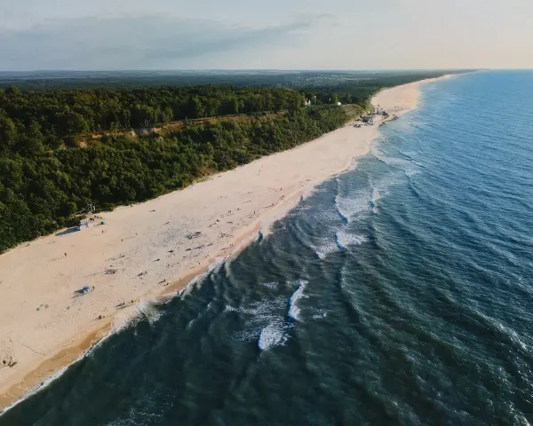 Widok z lotu ptaka na piaszczystą plażę, las i morze w Jastrzębiej Górze.