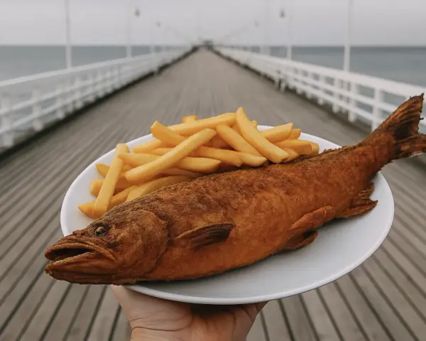 Talerz z smażoną rybą i frytkami na tle molo i morza.