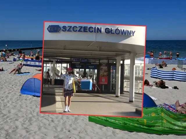 Plaża i morze, a w tle napis "Szczecin Główny". Czy Szczecin leży nad morzem? Zdjęcie sugeruje, że tak, bo plażowicze odpoczywają tuż obok dworca.