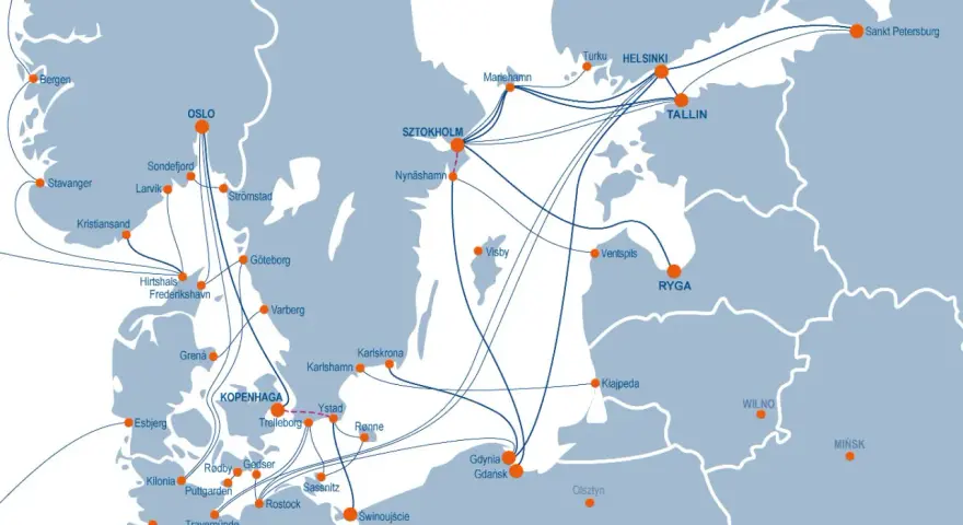 Mapa pokazuje trasy promowe z Polski do Skandynawii. Gdzie szukać połączeń promowych dla transportu ciężarowego z polski do skandynawii? Sprawdź porty jak Gdynia, Gdańsk, Świnoujście.