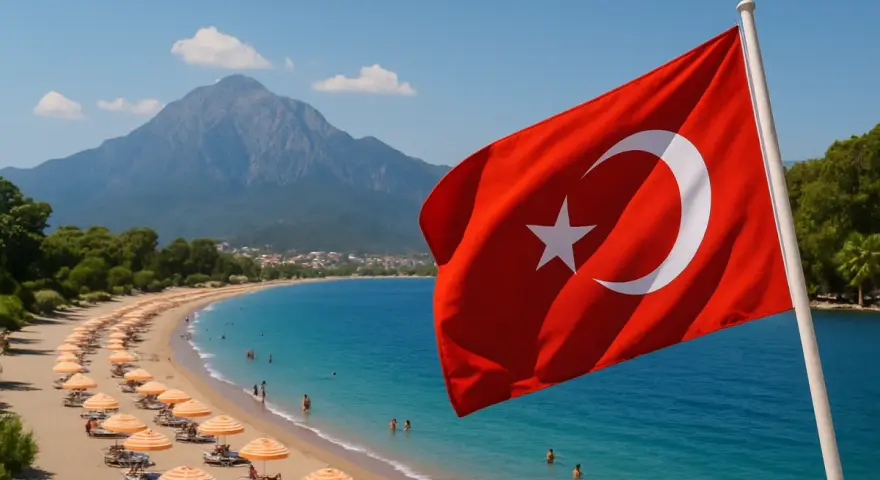 Flaga Turcji na tle plaży z leżakami i turkusowym morzem. W maju w Turcji jest ciepło, idealnie na wakacje.