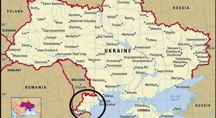 Mapa Ukrainy i Mołdawii. Czarnym okręgiem zaznaczono południową część Mołdawii, która nie ma dostępu do Morza Czarnego.