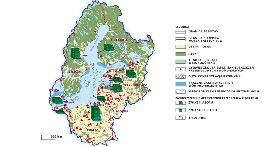 Mapa zlewiska Morza Bałtyckiego: pokazano granice państw, użytki rolne, lasy, źródła zanieczyszczeń, przemysł i stan wód.