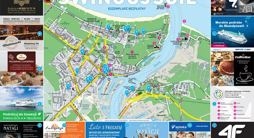 Mapa Świnoujścia z zaznaczonymi atrakcjami, hotelami, restauracjami i punktami usługowymi. Znajdziesz tu świnoujście atrakcje mapa.