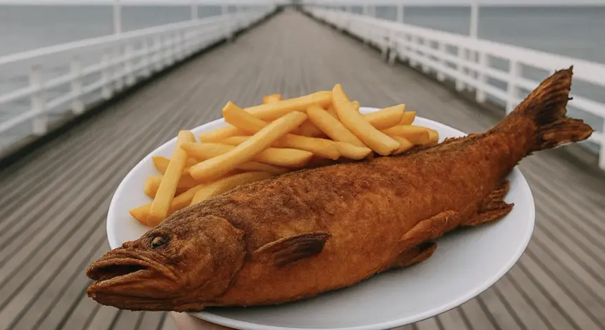 Talerz z smażoną rybą i frytkami na tle molo i morza.