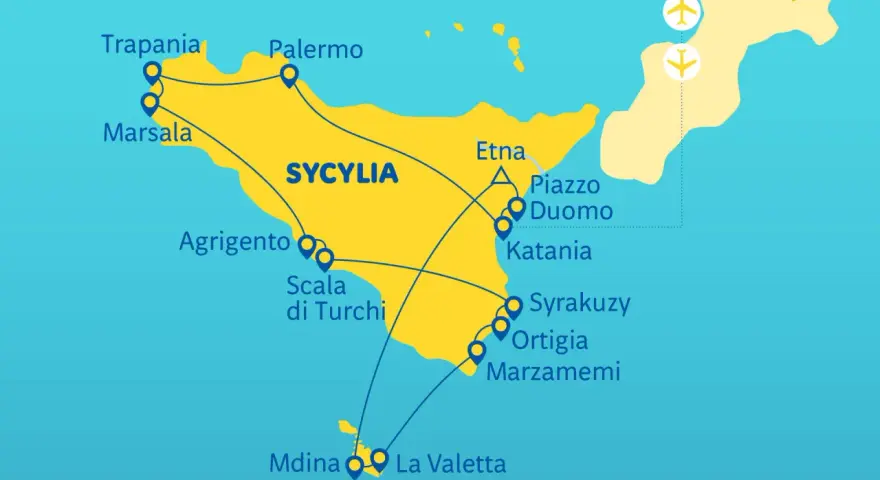 Mapa pokazuje trasy promowe między Maltą a Sycylią, z zaznaczonymi miastami jak Palermo, Katania i La Valletta.