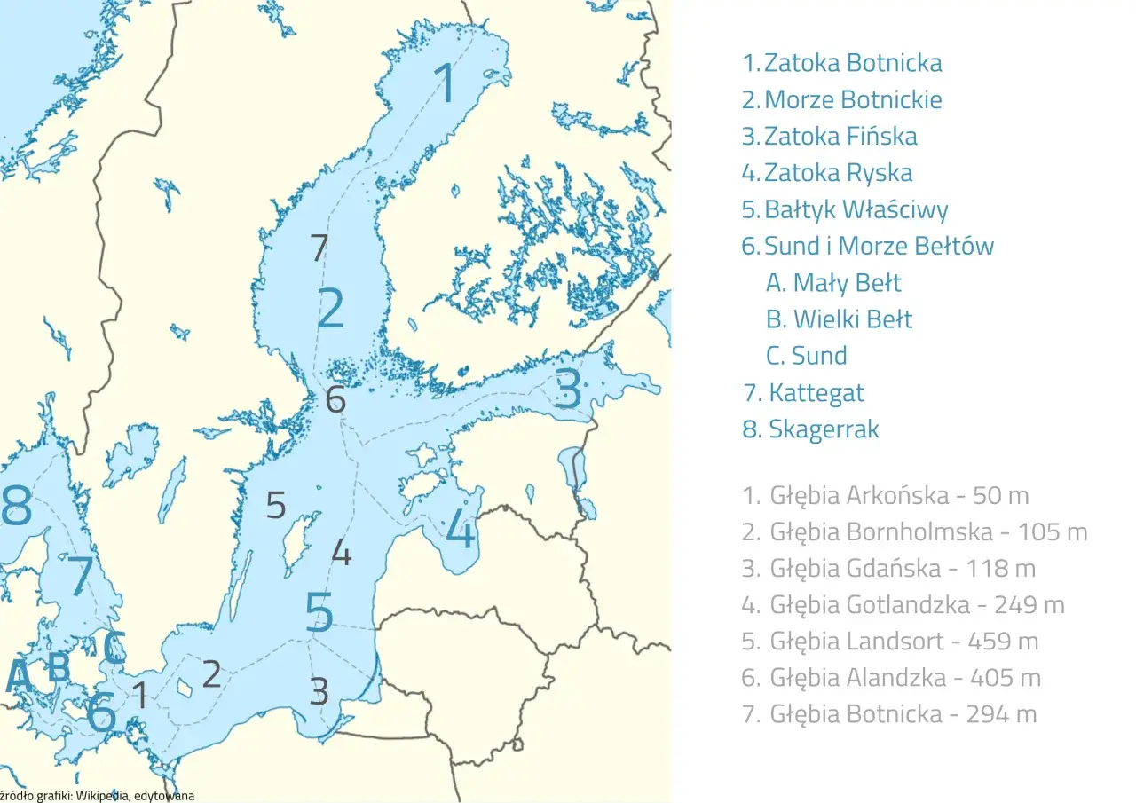 Mapa Morza Bałtyckiego z zaznaczonymi cieśninami duńskimi