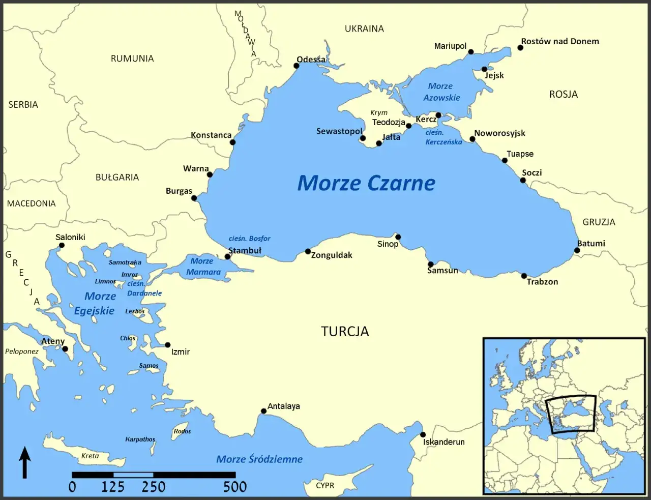 Mapa Morza Czarnego z zaznaczonym portem w Sewastopolu na Krymie.