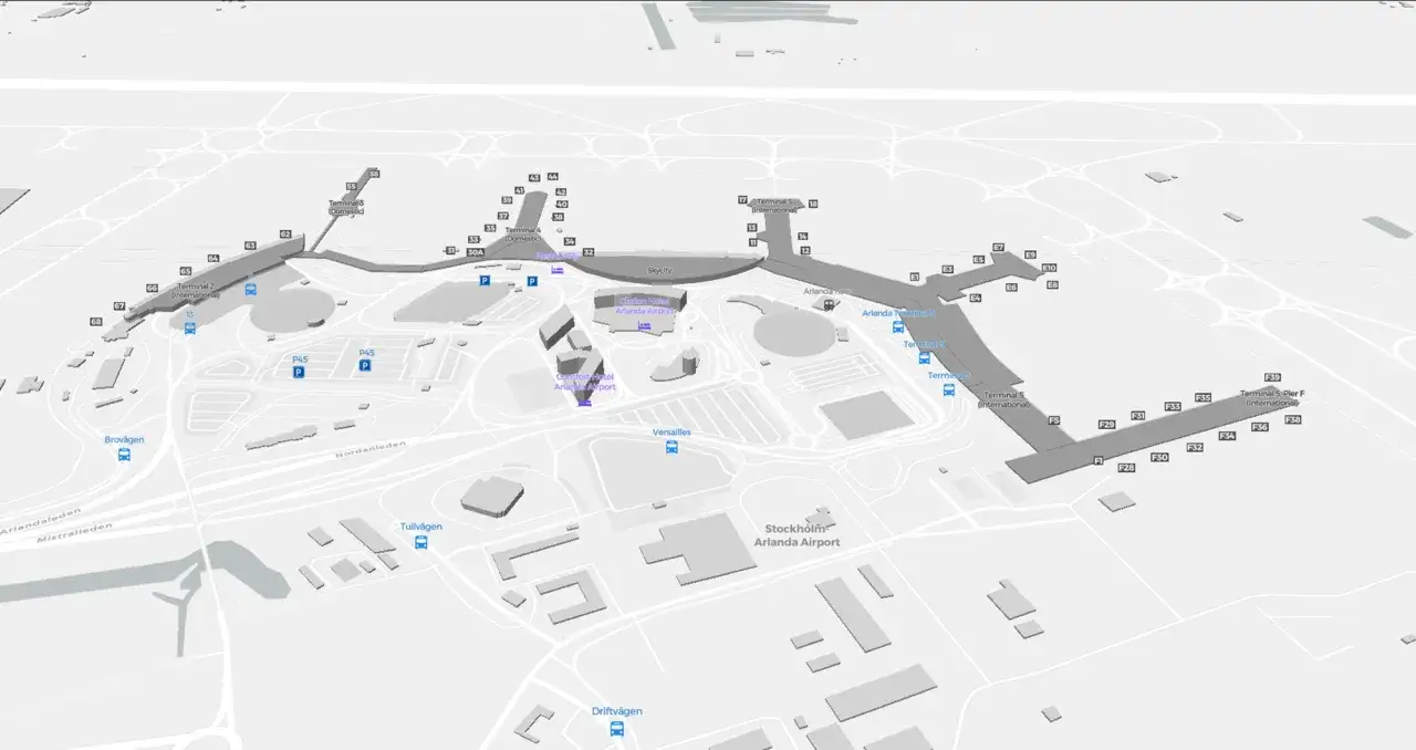 Mapa lotniska Arlanda, gdzie jest Sztokholm. Widoczne terminale, parkingi, hotele i drogi.
