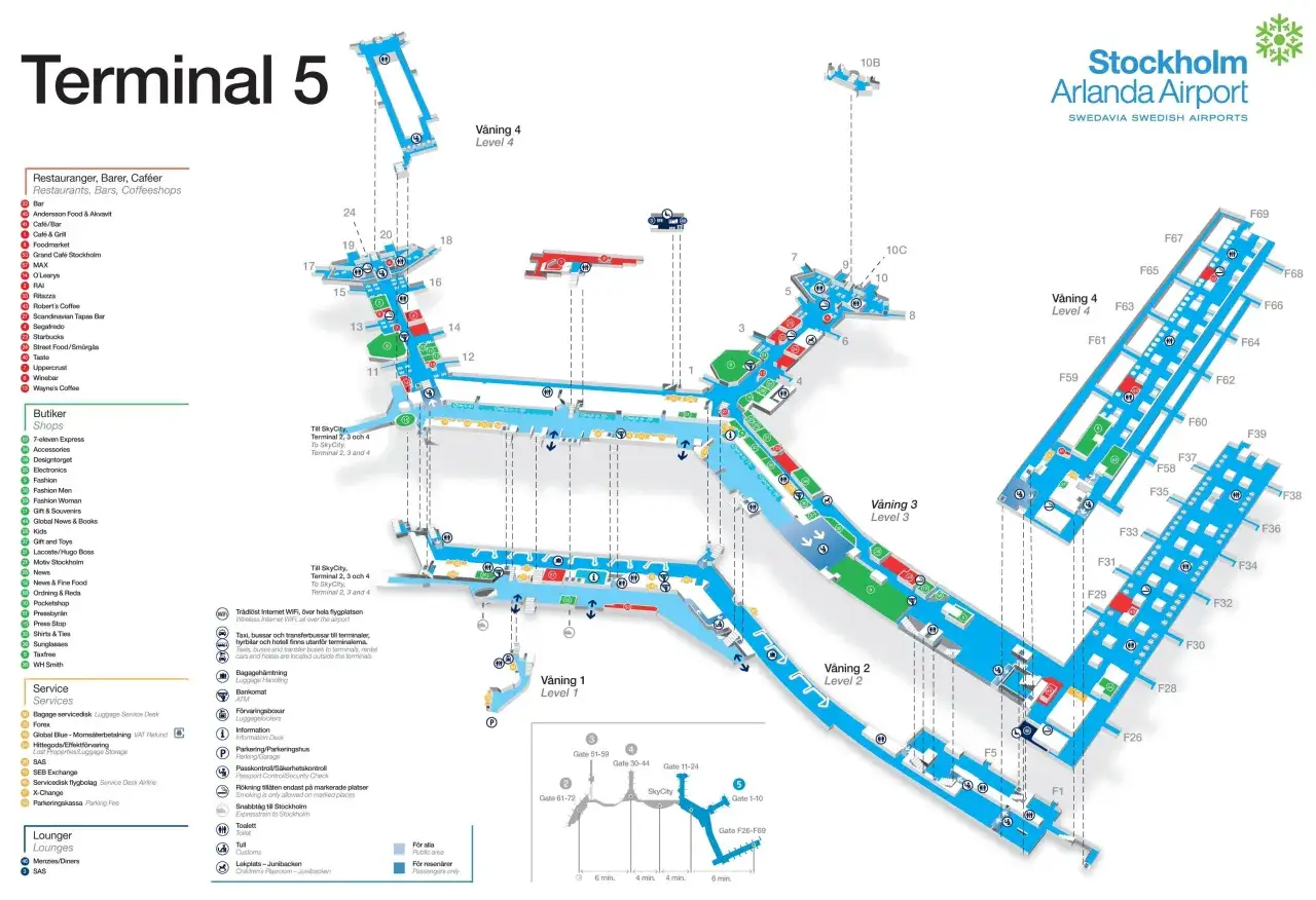 Plan lotniska Arlanda w Sztokholmie, Terminal 5. Znajdź restauracje, sklepy i bramki.